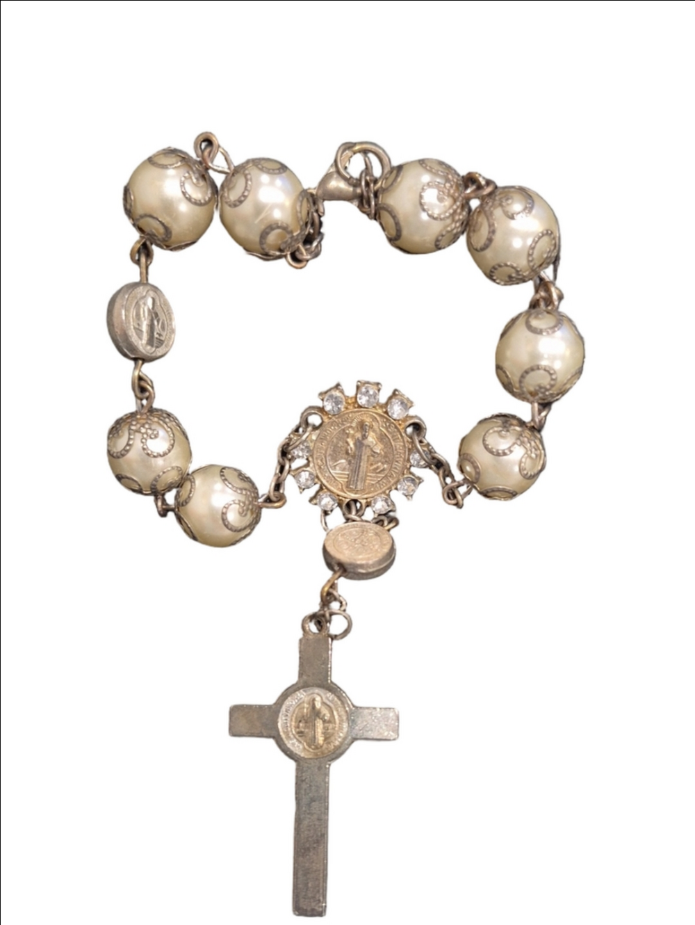 Vintage Gold Saint Benedict Rosary Bracelet Ornate Cream Beads
